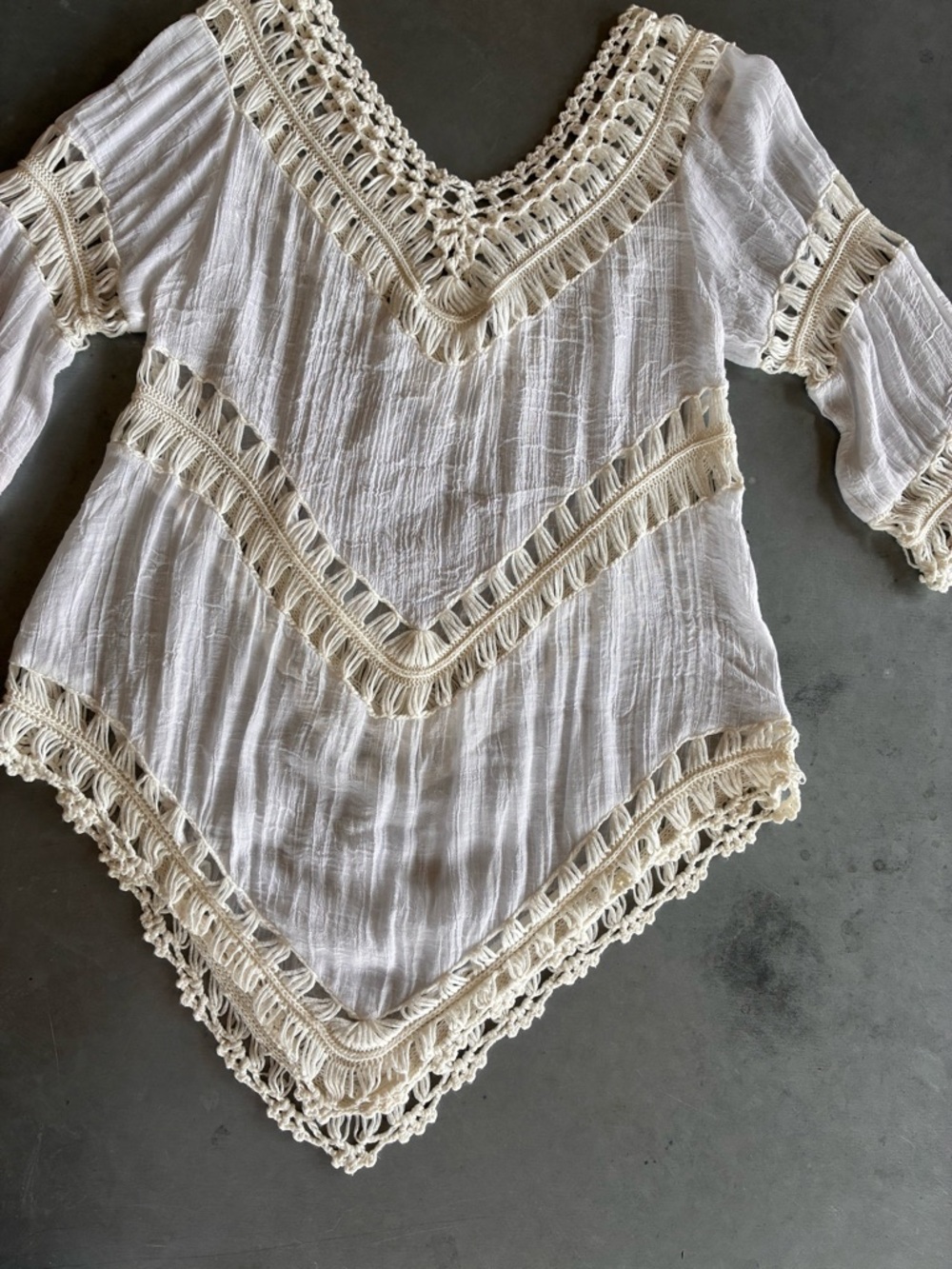 Pretty Angel Cream and White Crochet-Trim Peasant Tunic - Picture 2 of 5